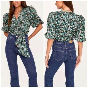 Only Riri i Gron Green Yellow Balloon Short Sleeve‎ Wrap Blouse Sz M